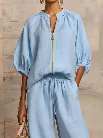 Full Size Zip-Front Top and Wide-Leg Pants Set Plus Size