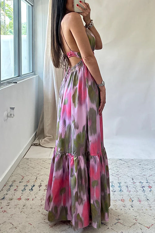 Rosiedress V Neck Open Back High Waist Tie Dye Maxi Vacation Dress