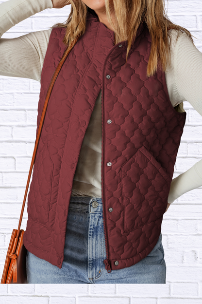 Burgundy Quilted Snap Down Zip Up Vest Coat – Women’s Lightweight Warm Outerwear for Fall & Winter