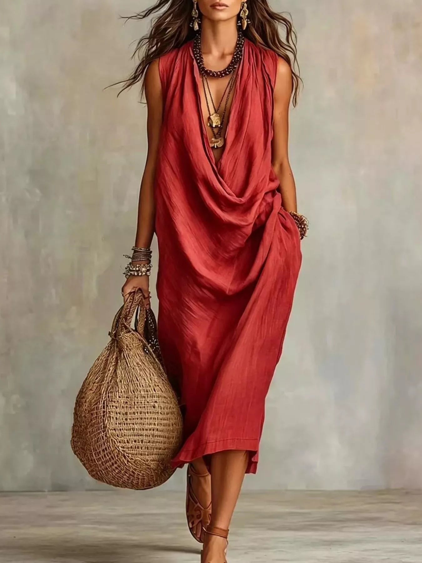 Full Size Cowl Neck Sleeveless Midi Dress Plus Size