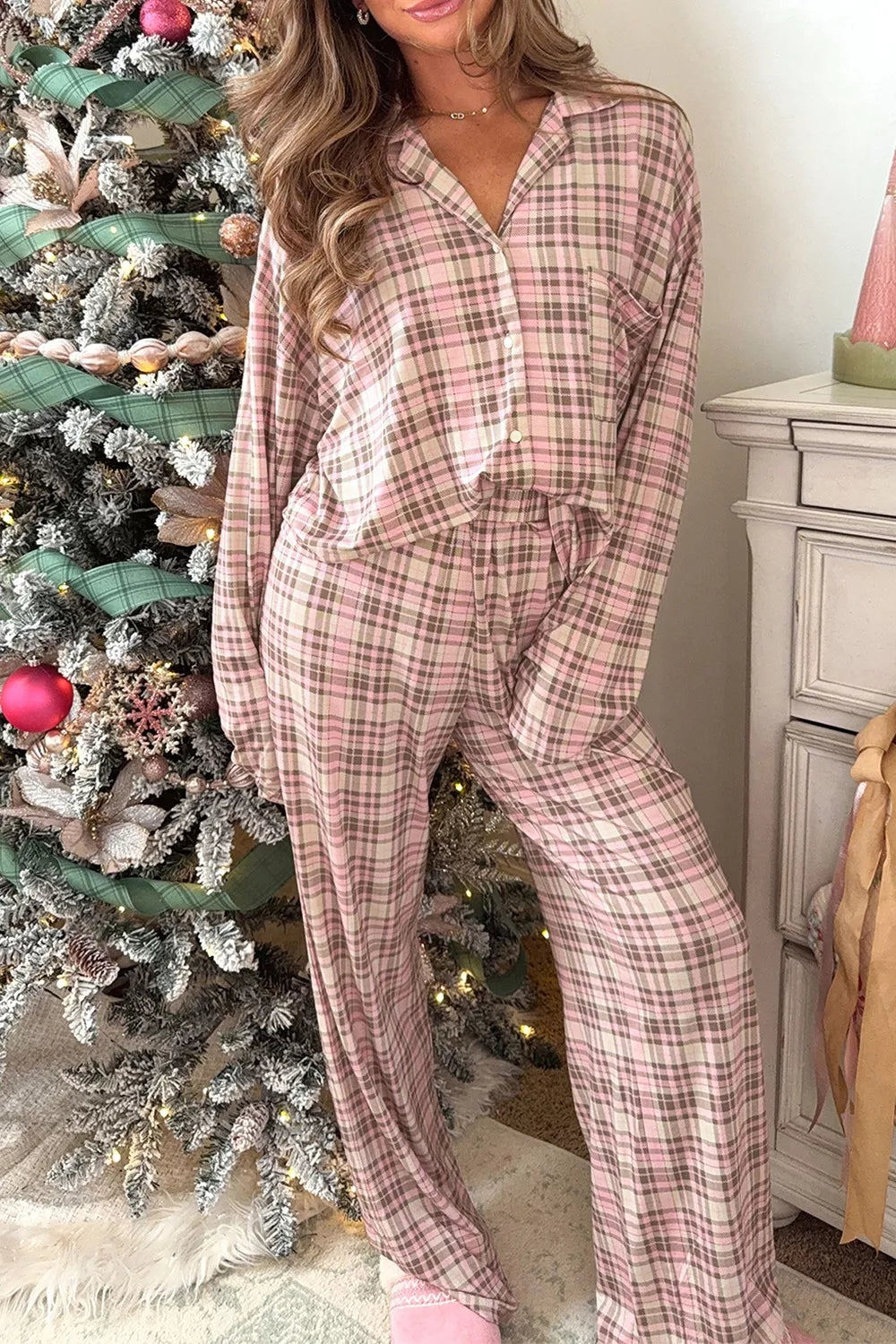 Plaid Patch Pockets Long Sleeve Lounge Set