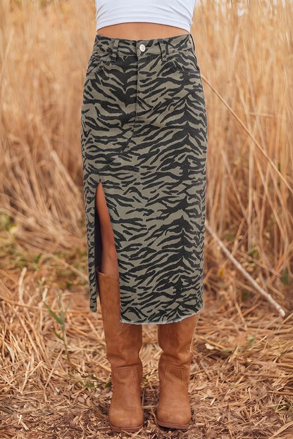 Leopard Print Side Split Frayed Hem Denim Midi Skirt