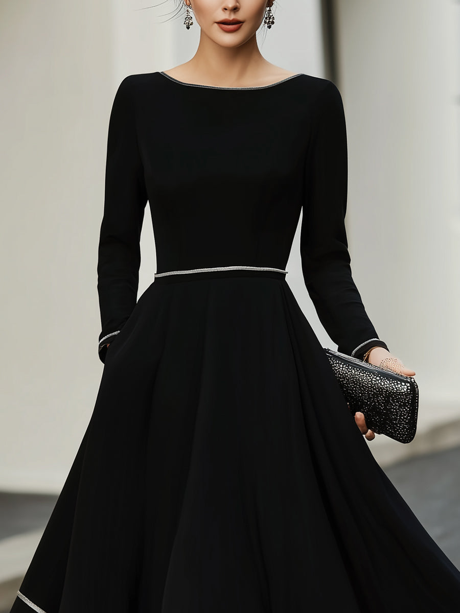Long Sleeve Contrast Trim Midi Dress With Flared Skirt