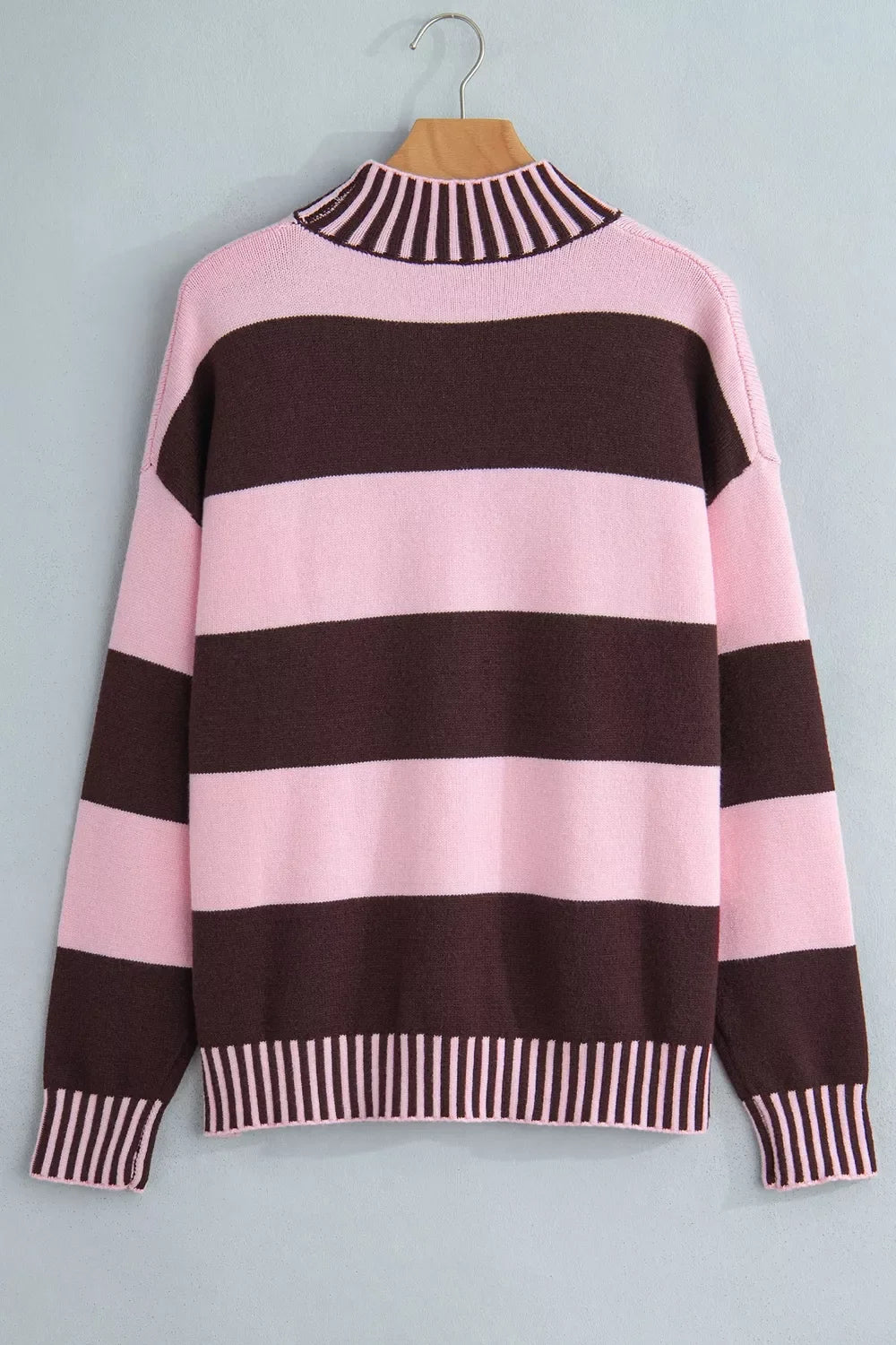 Stripe Contrast High Neck Dropped Shoulder Relaxed Sweater