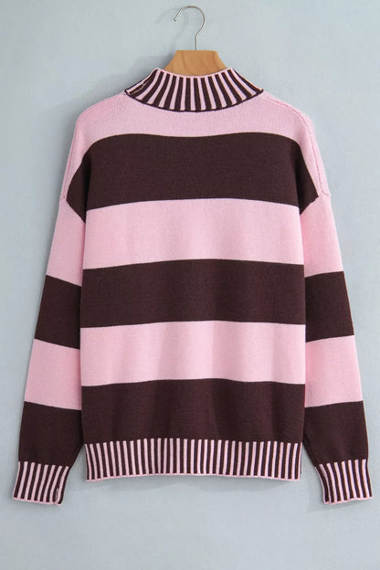 Stripe Contrast High Neck Dropped Shoulder Relaxed Sweater