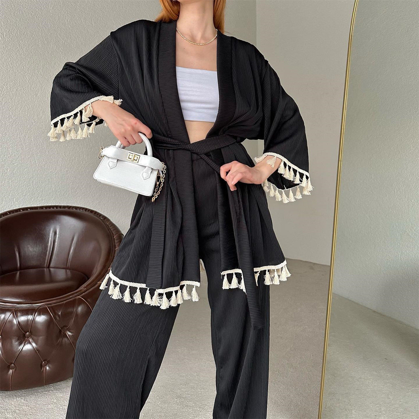 Women's Casual Cardigan Top Straight Leg Pants Two-piece Set