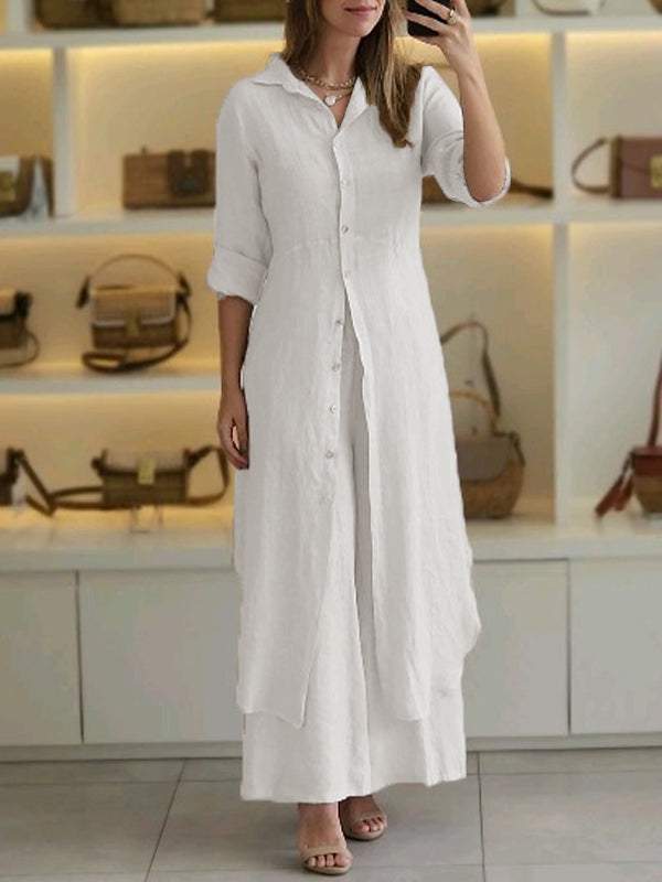 Cotton Linen Waist Long Shirt & Wide Leg Pants Two-Piece Set