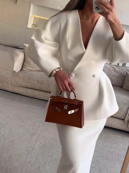 Double-Breasted Peplum Blazer and Skirt Set
