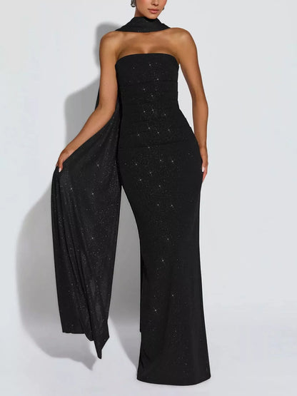 Slit Glitter Tube Maxi Dress with Scarf