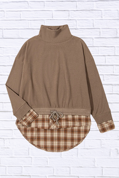 Drawstring Plaid Turtleneck Long Sleeve Top