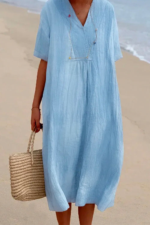 Rosiedress V Neck Short Sleeve Baggy Cotton Linen Midi Dress Blue