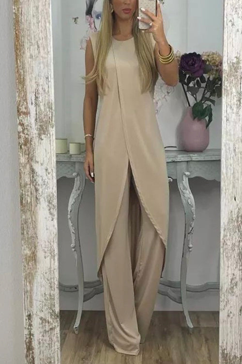 Chic Tulip Hem Sleeveless Long Top Wide Leg Pants Set Apricot