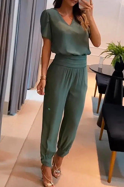 V Neck Short Sleeve Top High Waist Tapered Pants Set ArmyGreen