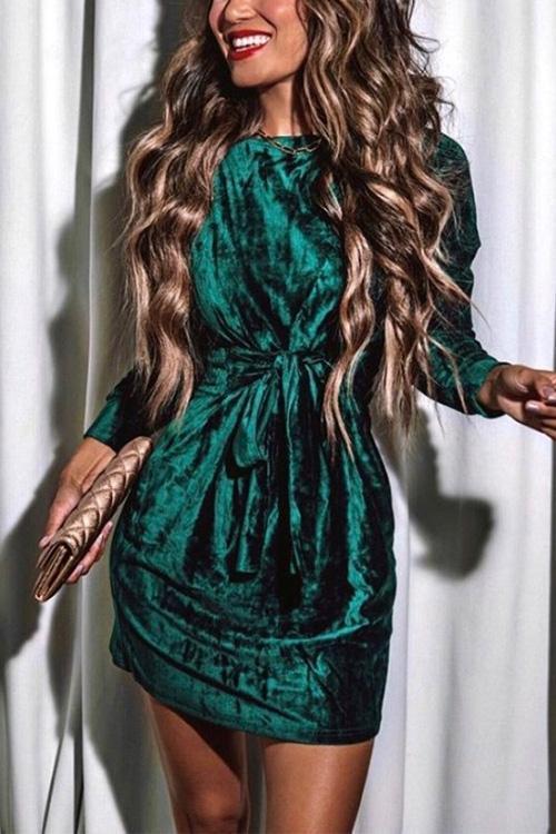 Rosiedress Tie Waist Velvet Holiday Dress(in 4 Colors) Green