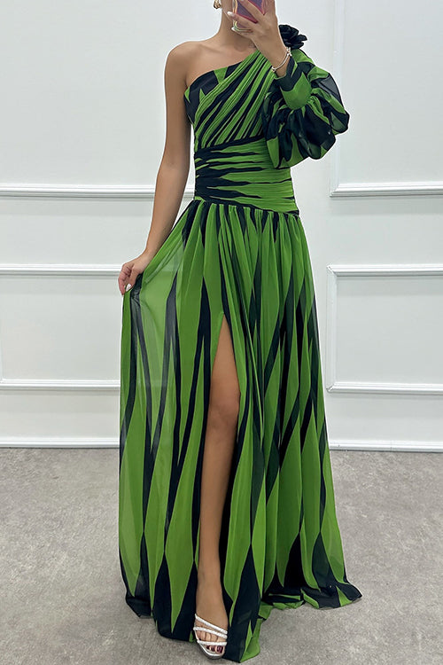 Rosiedress One Shoulder Waisted Slit Printed Maxi Dress