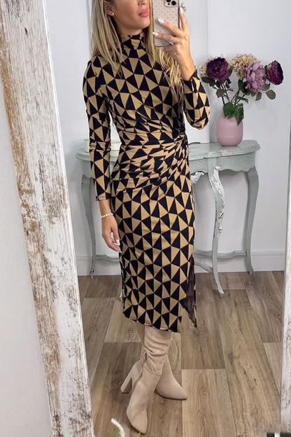 Mockneck Ruched Slit Geo Print Midi Dress Khaki