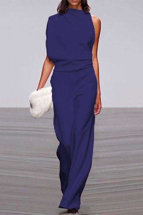 One Shoulder Waisted Wide Leg Jumpsuit DarkBlue
