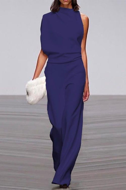 One Shoulder Waisted Wide Leg Jumpsuit DarkBlue