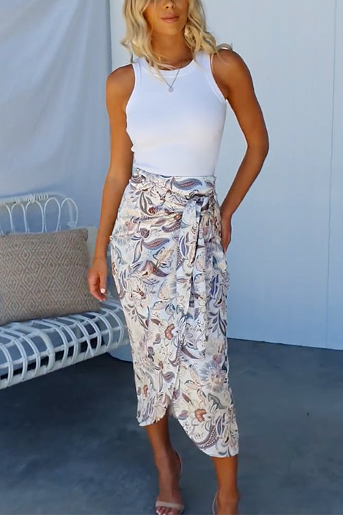 Tie Waist Printed Wrap Midi Skirt