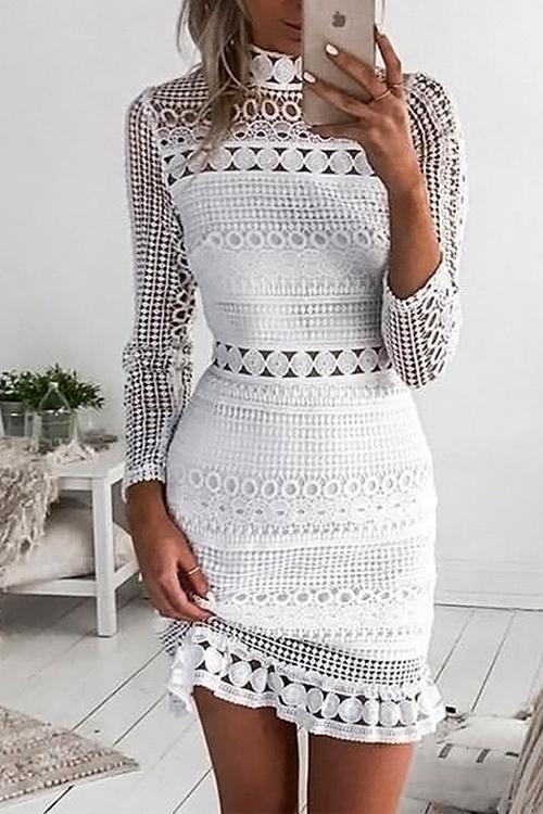 Rosiedress Mockneck Back Zipper Lace Splice Hollow Out Dress White