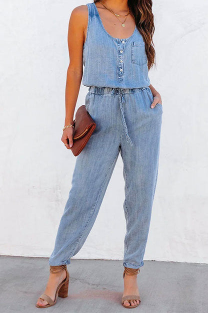 Rosiedress Drawstring Waist Distressed Denim Tank Jumpsuit