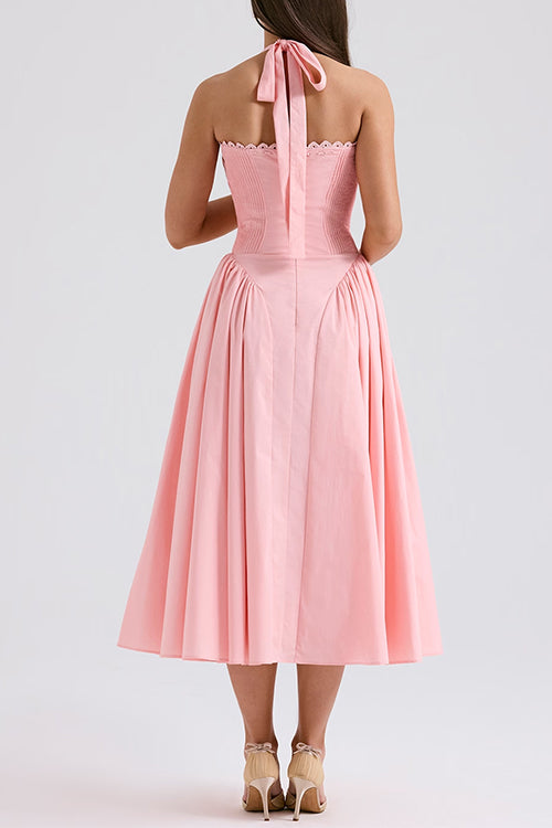 Rosiedress Bow Knot Halter Lace-up Swing Midi dress