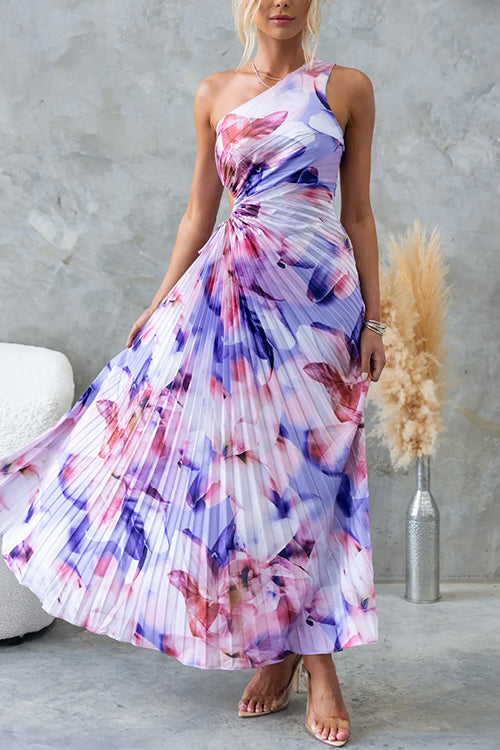 Chicest One Shoulder Cut Out Pleated Floral Print Maxi Dress Floral