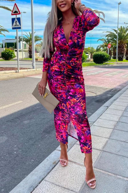 Rosiedress Deep V Neck Long Sleeve Ruched Slit Printed Bodycon Dress