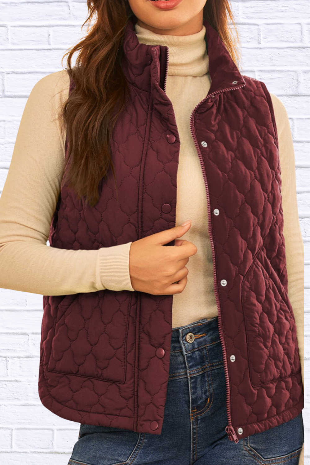Burgundy Quilted Snap Down Zip Up Vest Coat – Women’s Lightweight Warm Outerwear for Fall & Winter