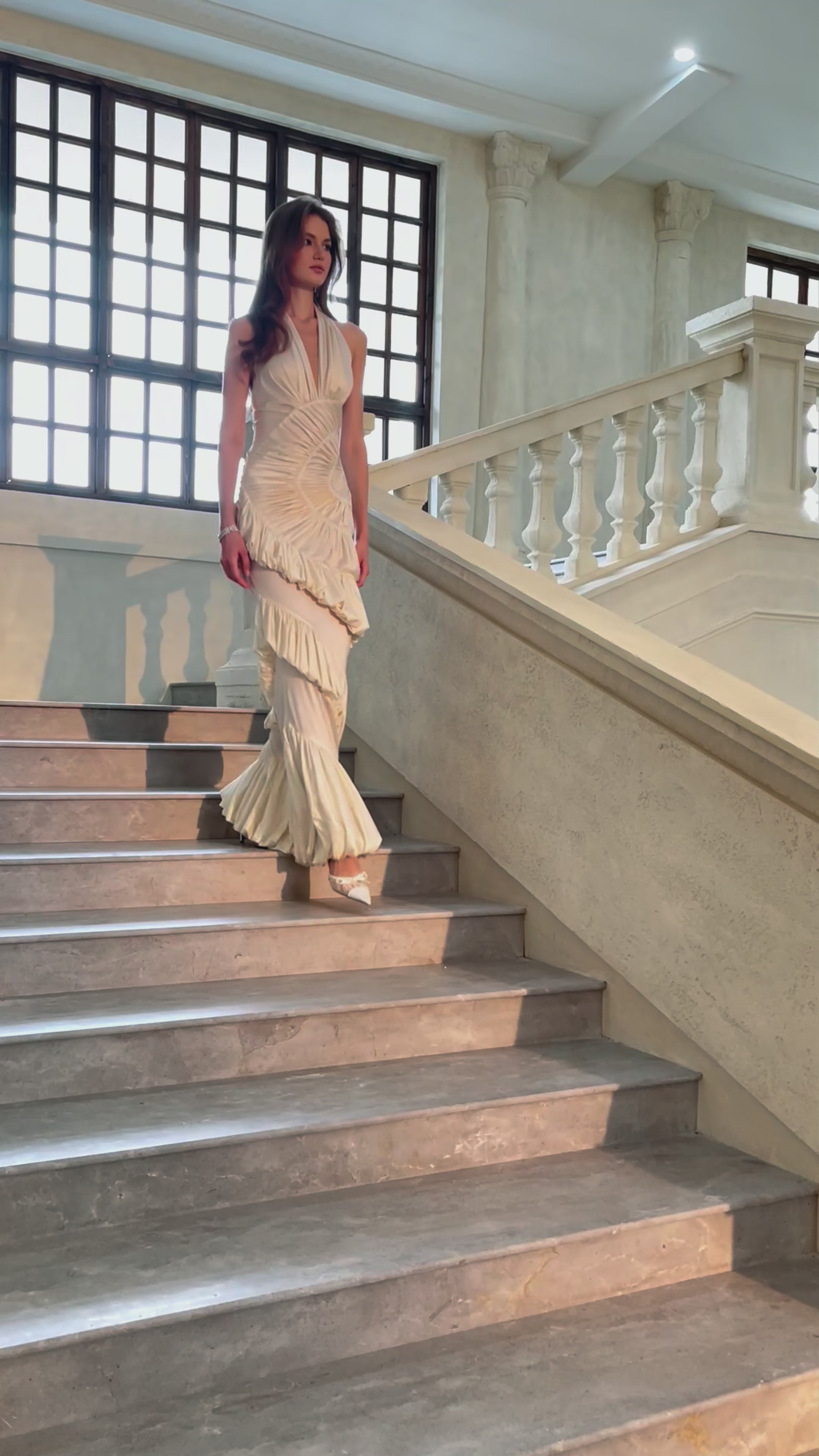 Vilhelmiina Cream White Halterneck Shirred Maxi Dress