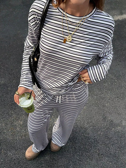Striped Casual Long Sleeve Top and Wide Leg Pants Set