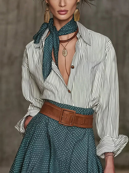 Button Up Shirt and Polka Dot Skirt Set