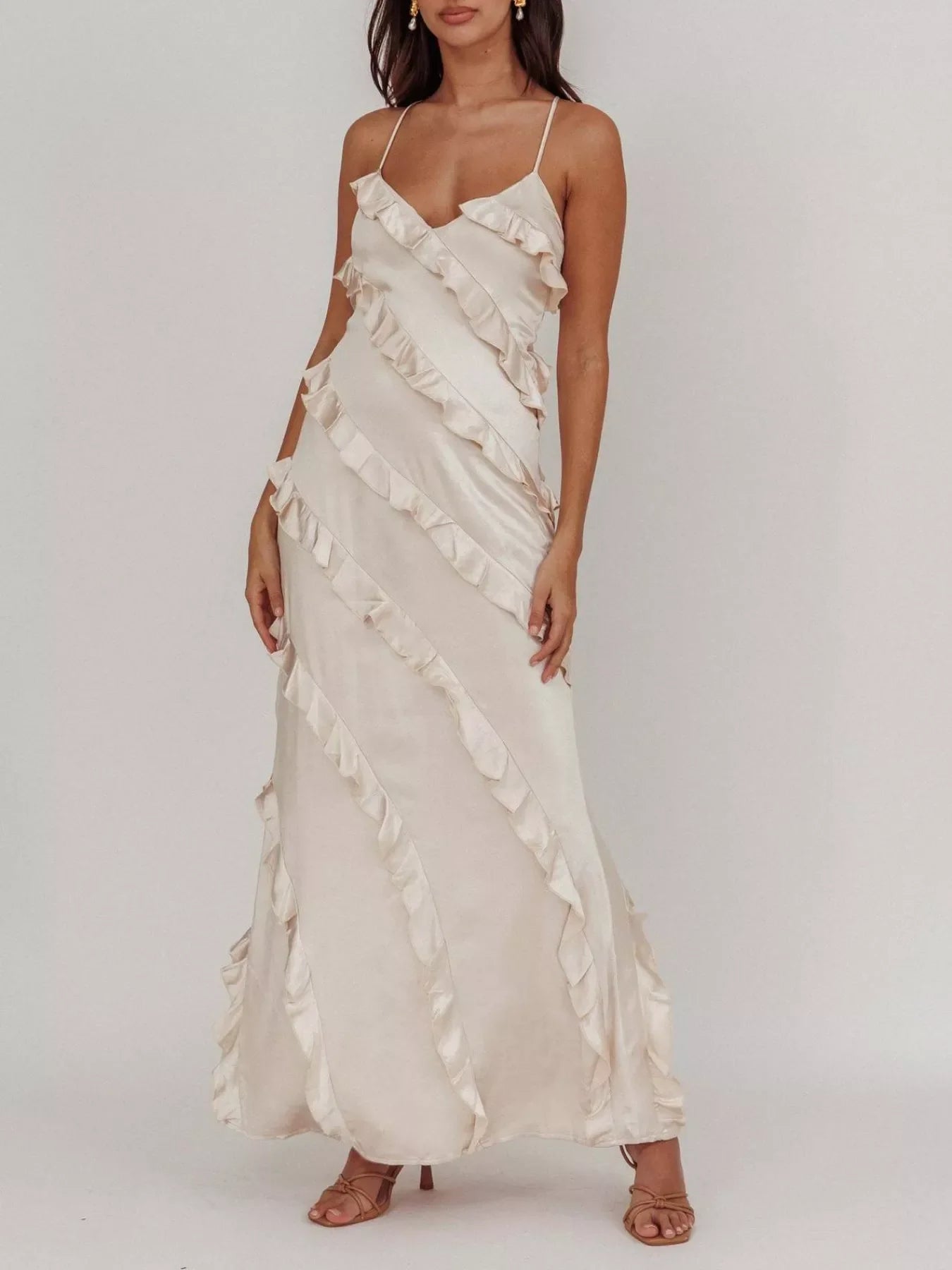 Spaghetti Strap Ruffled Maxi Dress for Women | Flowy Summer Dress with Zipper | Elegant Vacation & Evening Dress
