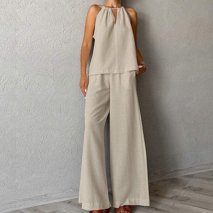 Cotton And Linen Cut-Out Lace-Up Vest & Wide-Leg Pants Two-Piece Set