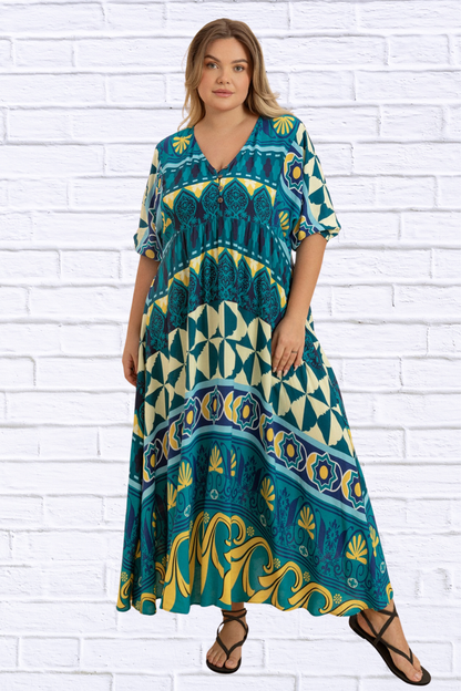 Plus Size Printed V-Neck Half Sleeve Midi Dress