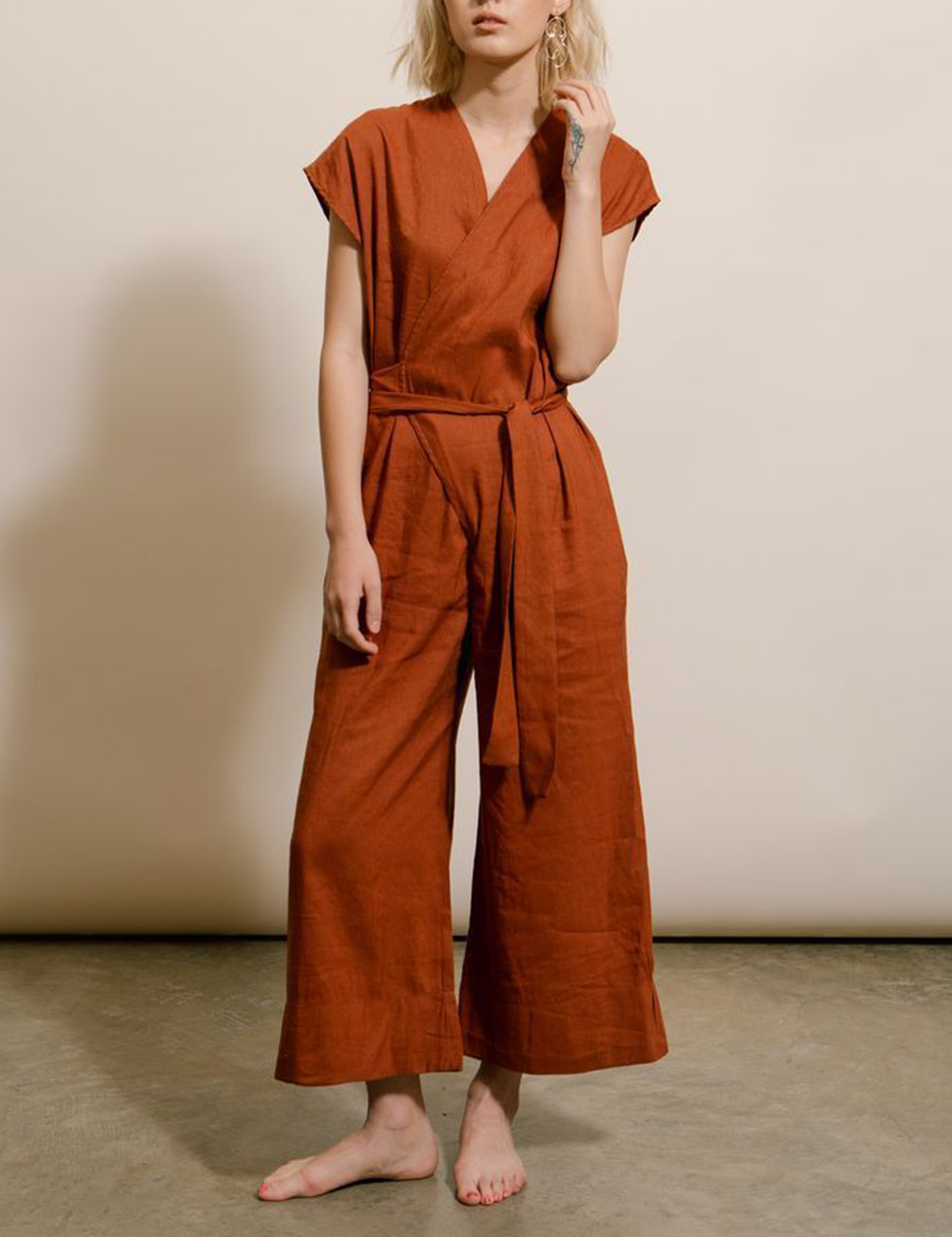 Vintage Wide Leg Linen Wrap Jumpsuit