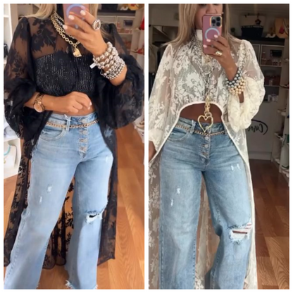 Haut décontracté en dentelle à col rond, devant court et dos long