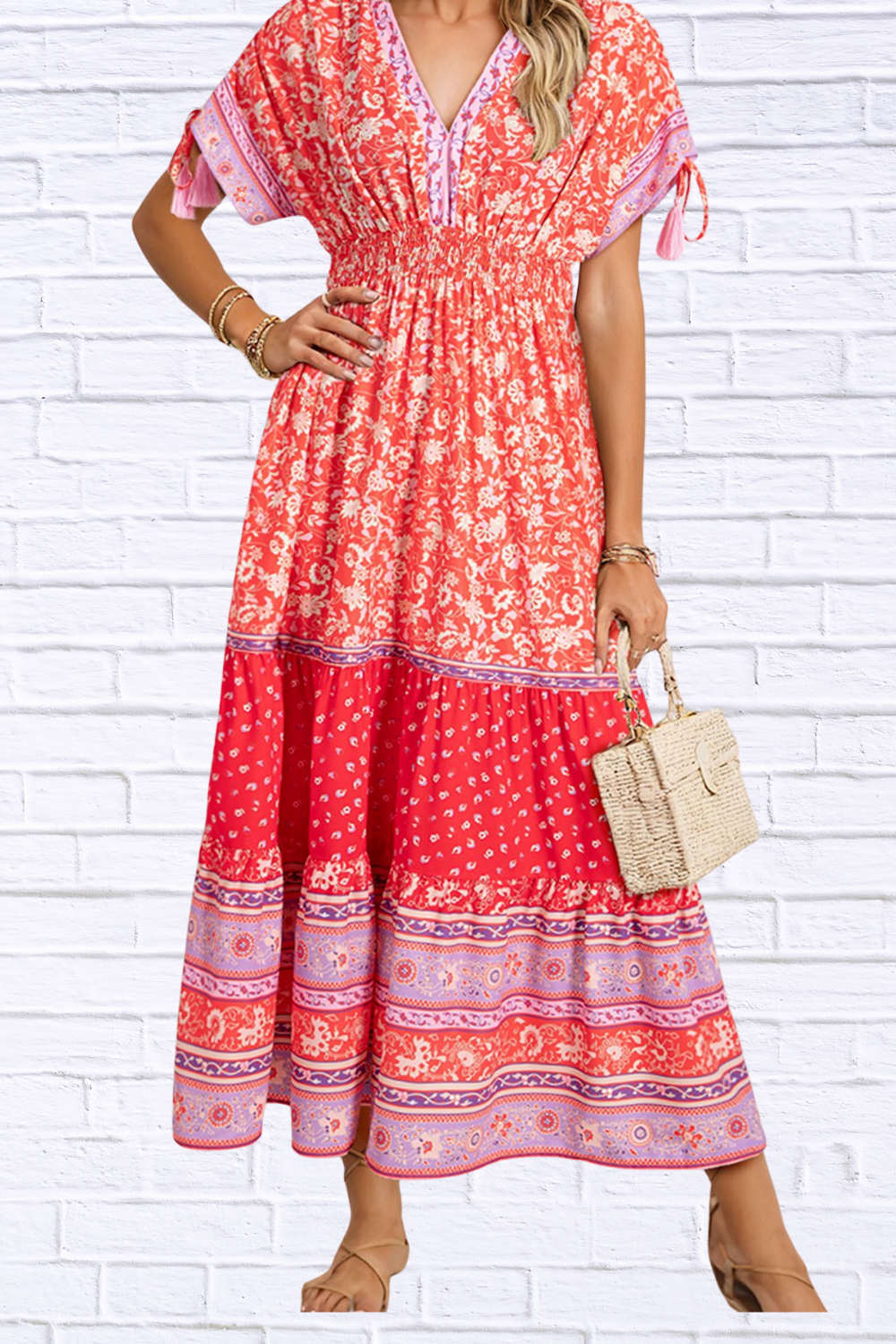 Floral Print Tasseled Tied Sleeve Empire Waist Dress