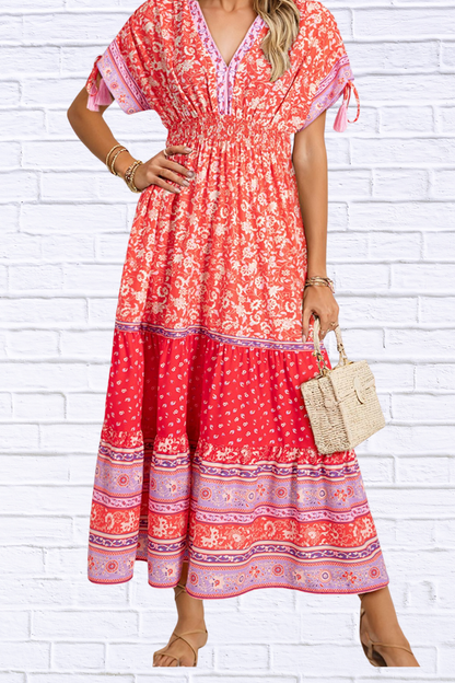 Floral Print Tasseled Tied Sleeve Empire Waist Dress