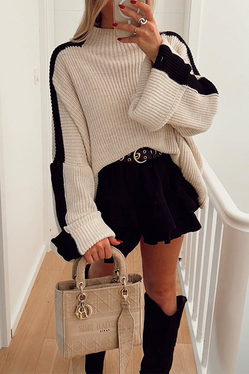 Rosiedress Turtleneck Color Block Ribbed Knit Loose Sweater White