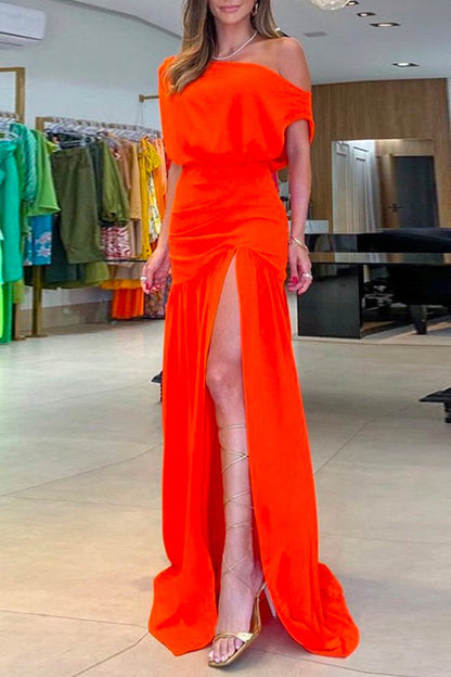Cold Shoulder Waisted High Slit Maxi Party Dress Orange