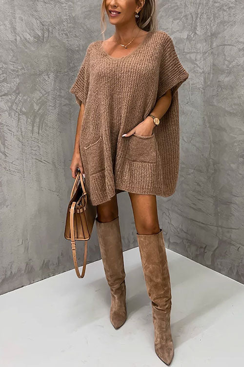 Rosiedress Oversized V Neck Short Sleeves Pocketed Poncho Sweater Coffee