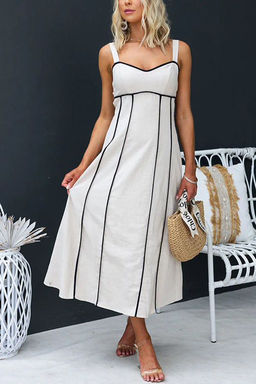 Adjustable Strap High Waist Color Block A-line Midi Dress