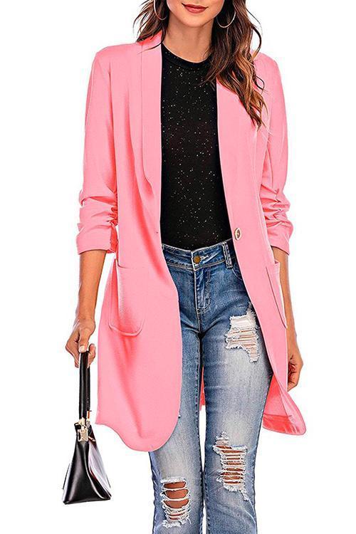 Rosiedress 3/4 Sleeve Ruched One Button Midi Cardigan Pink