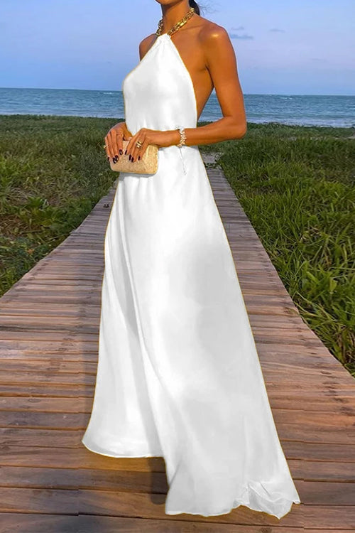 Chain Halter Open Back Maxi Swing Dress White