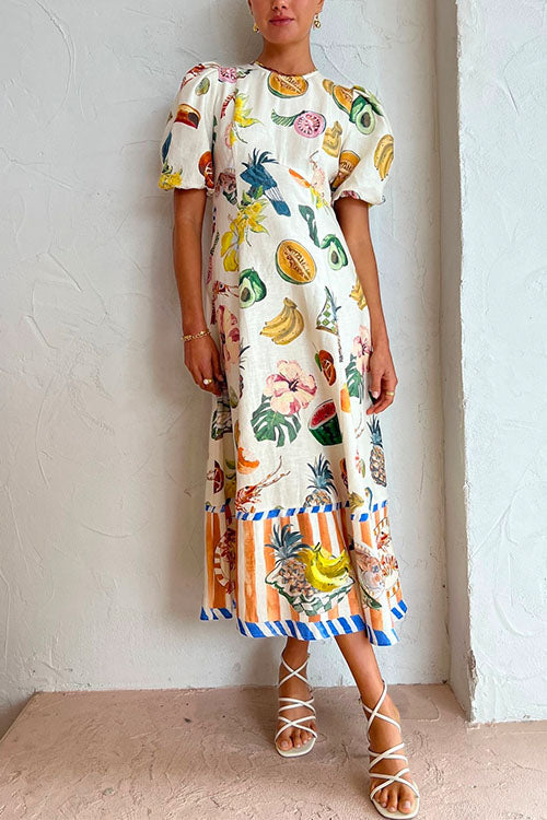 Rosiedress Puff Sleeve Food Printed Swing Maxi Vacation Dress White