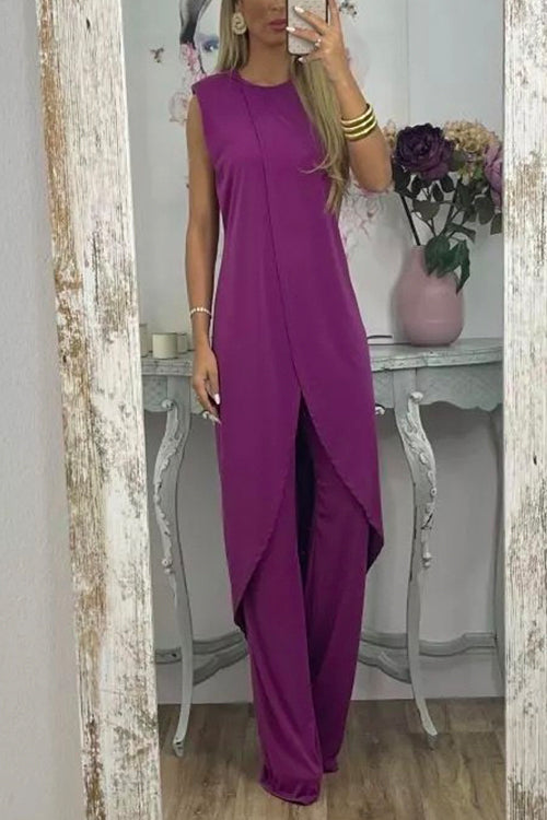 Chic Tulip Hem Sleeveless Long Top Wide Leg Pants Set Purple