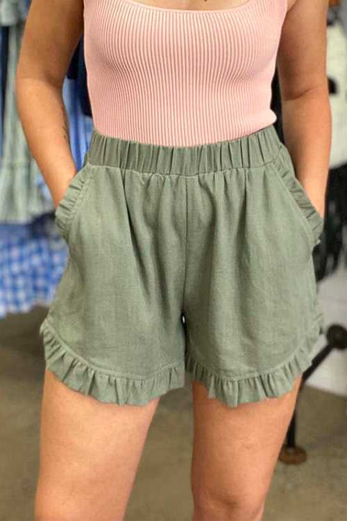 Rosiedress Elastic Waist Wide Leg Ruffle Cotton Linen Shorts Green