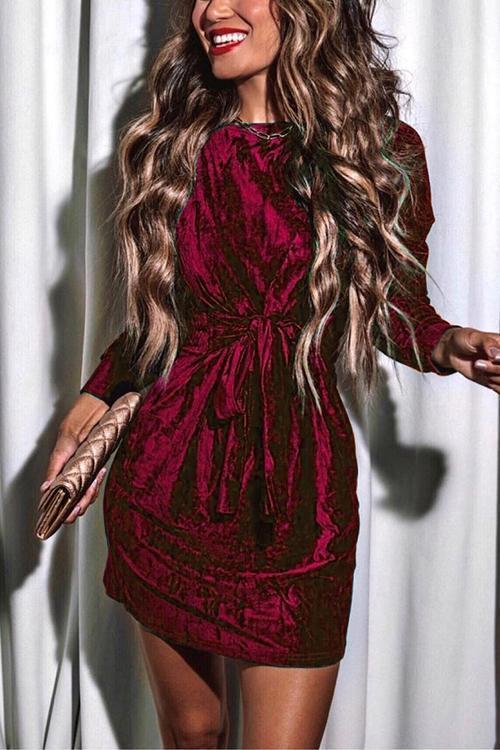 Tie Waist Velvet Holiday Dress(in 4 Colors) Burgundy