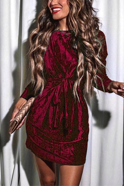 Rosiedress Tie Waist Velvet Holiday Dress(in 4 Colors) Burgundy